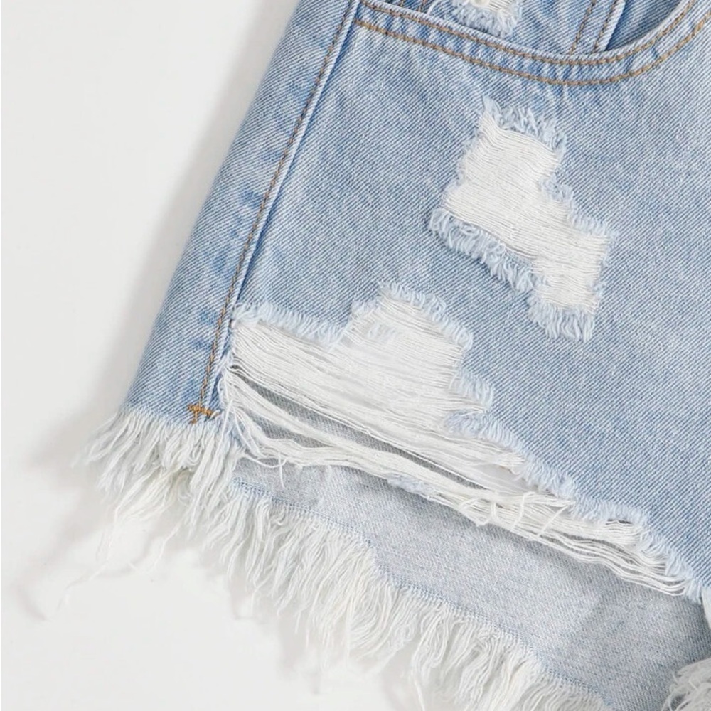 SHEIN | Blue Jean Shorts Distressed Frayed Hem Mid Rise - Picture 4 of 11